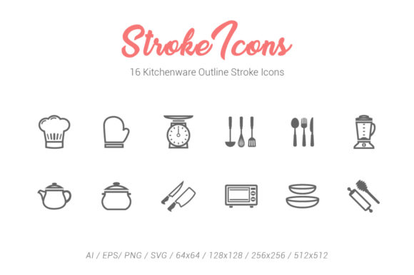 16 Kitchenware Outline Stroke Icons: Clean Graphics & Versatile Icons