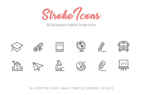 50 Education Outline Stroke Icons Graphics