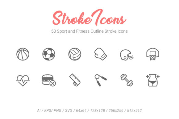 50 Sport Fitness Outline Stroke Icons: Graphics & Icons