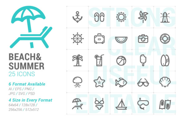 Beach Summer Strong Line Icon Graphics & Icons
