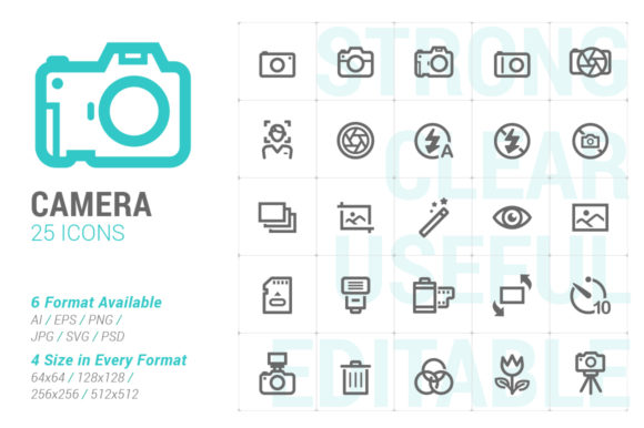 Camera and Photograph Strong Line Icon Graphics