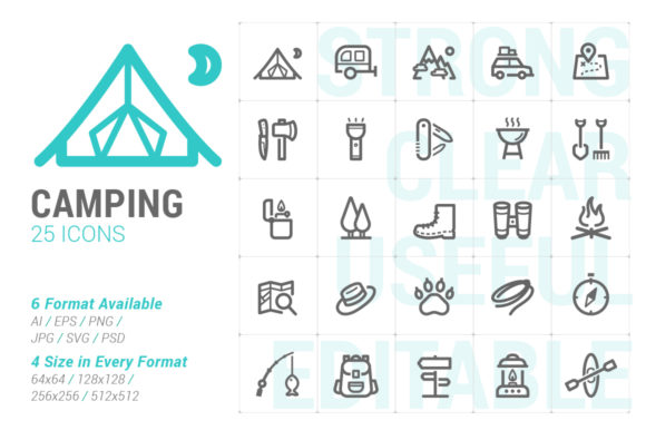 Camping Outdoor Strong Line Icon Graphics & Icons